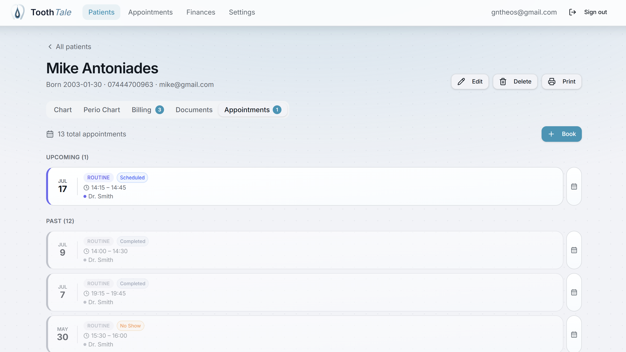 ToothTale booking modal with dentist, availability and category selection