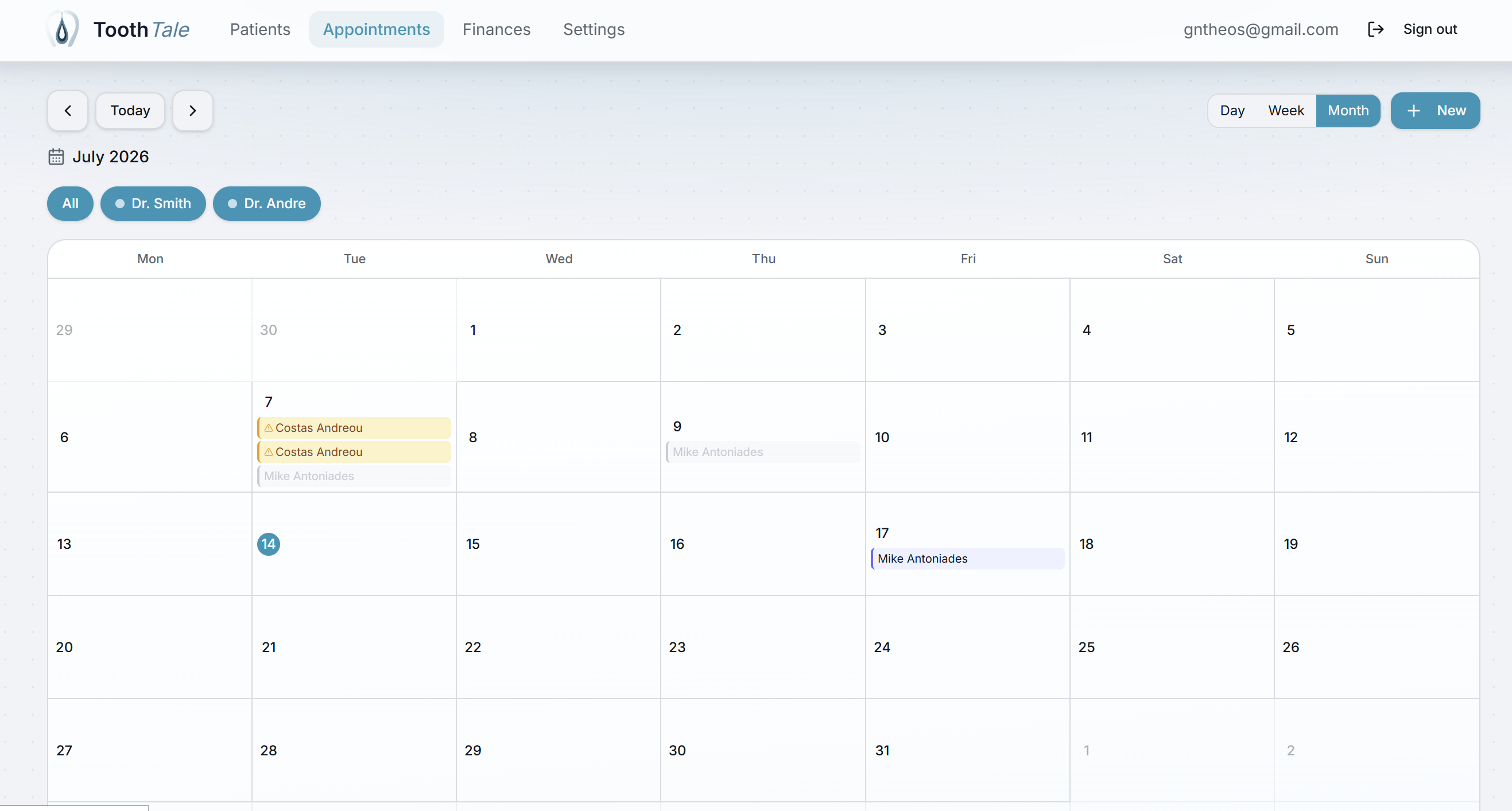 ToothTale appointment calendar month view with color-coded appointments per dentist