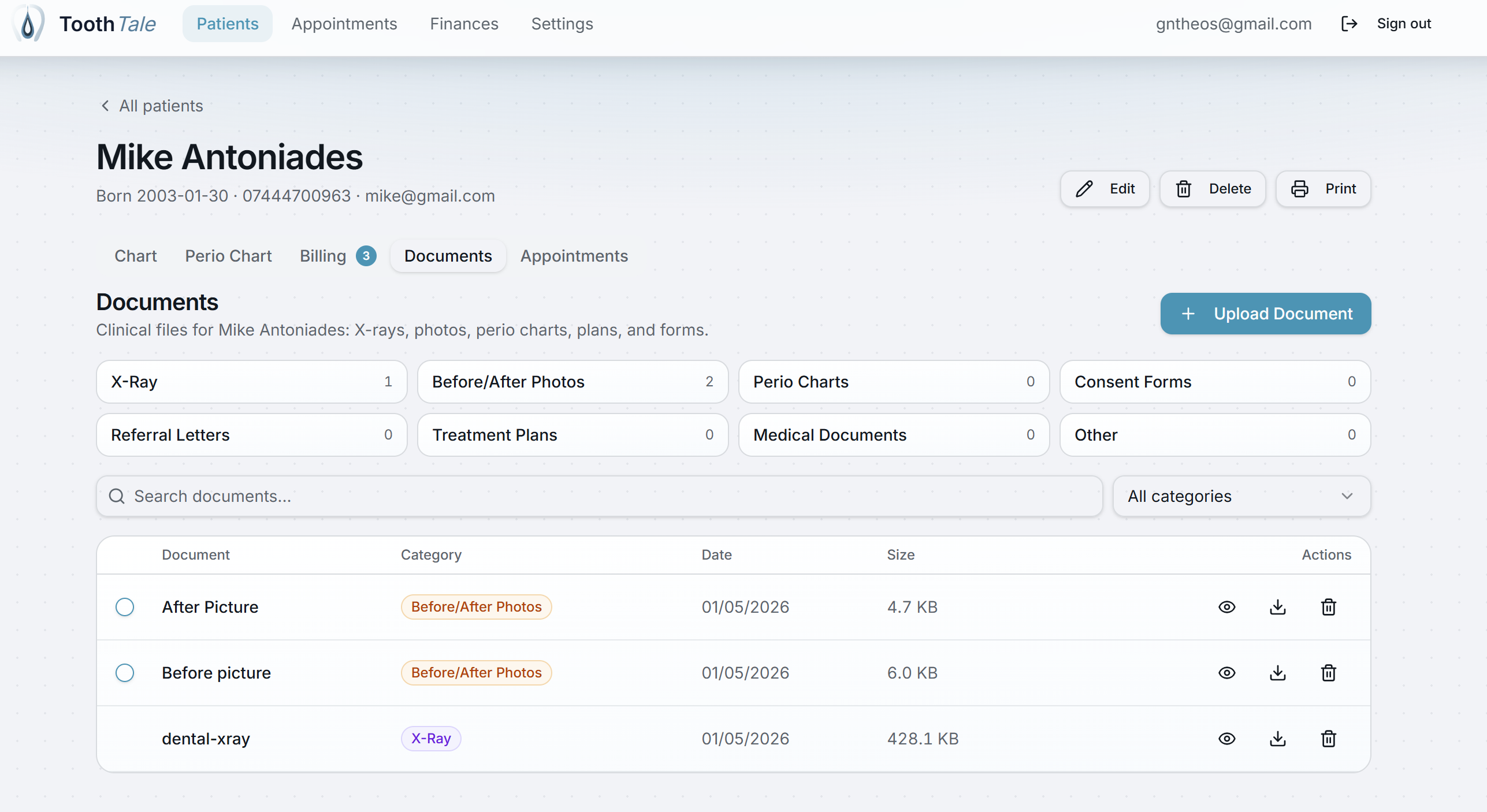 ToothTale document library for a patient, organized by category